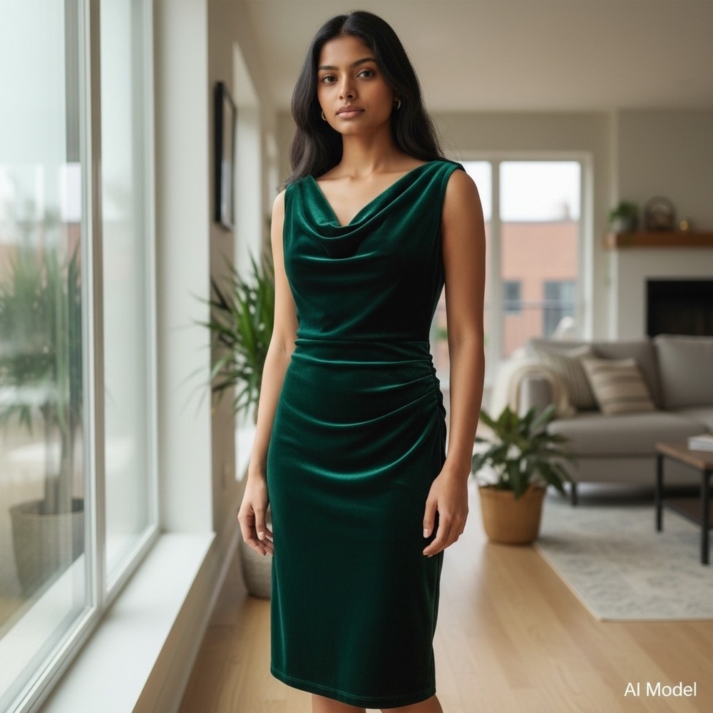 Vince Camuto Velvet Sheath Dress Womens 16 Green Cowl Neck Draped VC2-1819